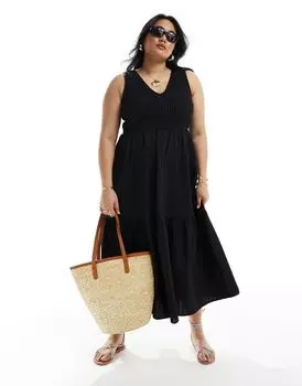 ASOS DESIGN Curve – летнее черное платье миди с глубоким вырезом и завязкой сзади
