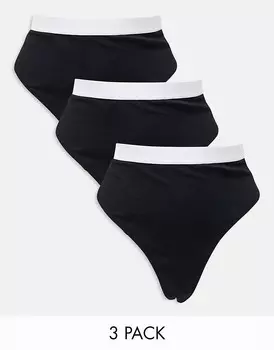 ASOS DESIGN Curve – Lillie – Комплект из 3 пар черных хлопковых стрингов с тесьмой на талии