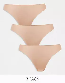 ASOS DESIGN Curve – Набор из трех бежевых стрингов невзрачного дизайна с кружевными вставками