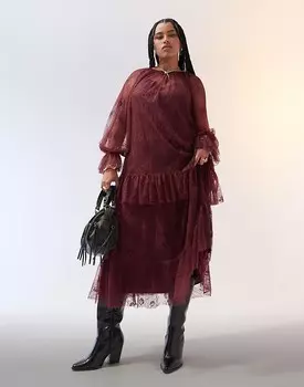 ASOS DESIGN Curve – Платье макси из бордового кружева с рюшами