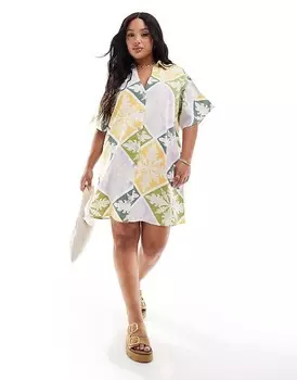ASOS DESIGN Curve – Платье-рубашка цвета нюд с короткими рукавами и плиточным узором из материала, напоминающего лен