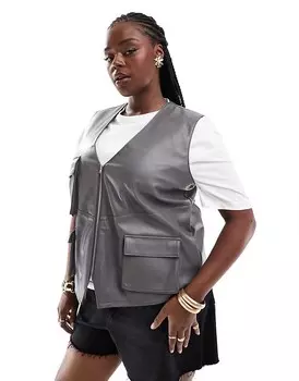 ASOS DESIGN Curve – Серая практичная футболка из искусственной кожи с декоративными карманами