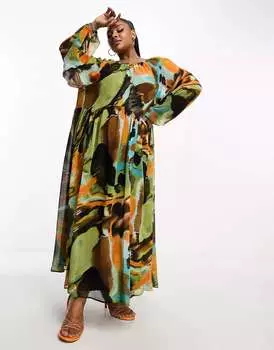 ASOS DESIGN Curve шифоновое свободное платье макси с фестончатой талией и абстрактным принтом