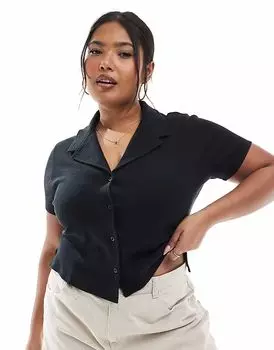 ASOS DESIGN curve shrunken revere вафельная рубашка черного цвета ASOS Curve