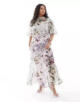 ASOS DESIGN Curve – Сиреневое платье миди с высоким воротником, рукавами 3/4 и разрезами с цветочным принтом