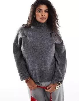 ASOS DESIGN Curve — темно-серый вязаный свитер с высоким воротником и закатанными манжетами