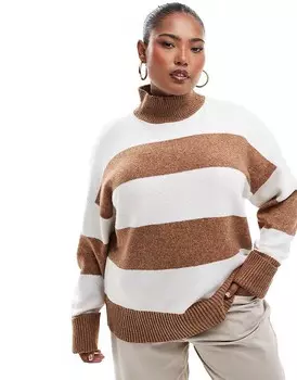 ASOS DESIGN Curve — вязаный свитер с высоким воротником и полосатыми закатанными манжетами