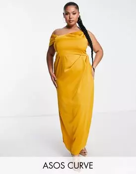 ASOS DESIGN Curve — золотистое атласное платье макси на одно плечо со складками