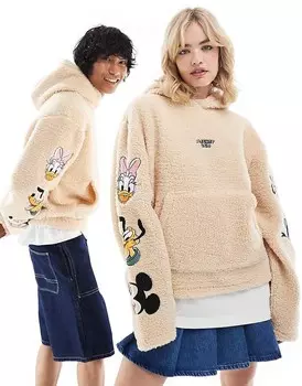 ASOS DESIGN – Disney – Бежевая толстовка с капюшоном из плюшевого меха унисекс свободного кроя с вышивкой «Микки Маус и друзья»