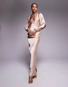 ASOS DESIGN Длинное атласное платье макси с рукавами «летучая мышь» кремового цвета ASOS Tall