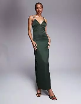 ASOS DESIGN Длинное атласное платье миди цвета пихты с шифоновой вставкой на груди и перекрестной спинкой