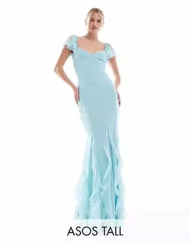 ASOS DESIGN Длинное платье макси с рукавами-крылышками и оборками в синем цвете ASOS Tall