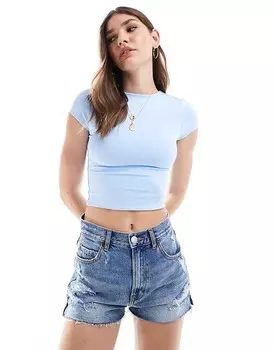 ASOS DESIGN – Двухслойный облегающий синий топ с короткими рукавами и укороченным кроем