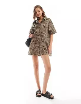 ASOS DESIGN – Джинсовое платье-рубашка с короткими рукавами и леопардовым принтом