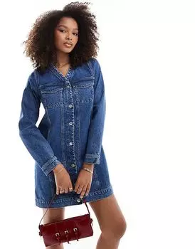 ASOS DESIGN джинсовое платье в стиле вестерн с длинными рукавами, средне-синего цвета