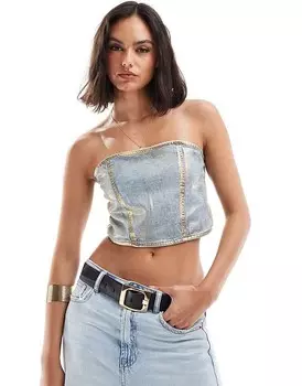 ASOS DESIGN – Джинсовый топ без бретелек с золотистым металлическим узором в виде фольги