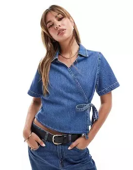 ASOS DESIGN – джинсовый топ цвета индиго с короткими рукавами и запахом