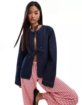 ASOS DESIGN – джинсовый топ цвета индиго с завязками спереди и длинными рукавами