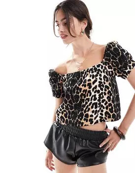 ASOS DESIGN – джинсовый топ с объемными рукавами и леопардовым принтом