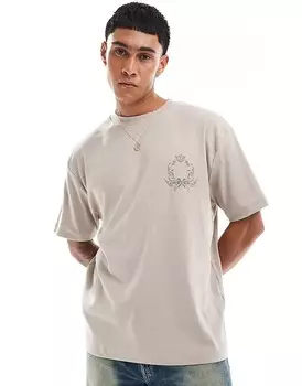 ASOS DESIGN – фактурная бежевая футболка оверсайз с принтом на груди