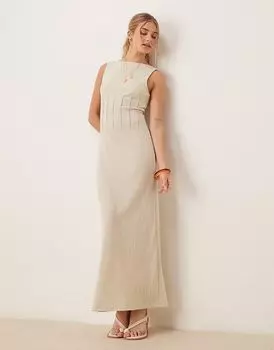 ASOS DESIGN фактурное платье миди без рукавов с вырезом-лодочкой и отделкой корсетом нейтрального цвета