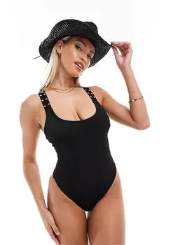 ASOS DESIGN – Fuller Bust – блестящий черный купальник с бретелями через шею с заклепками крест-накрест для большей груди