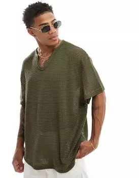 ASOS DESIGN – футболка оверсайз цвета хаки, связанная крючком