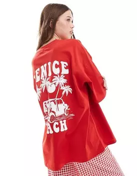 ASOS DESIGN – футболка оверсайз цвета Rot mit «Venice Beach»-Grafikprint