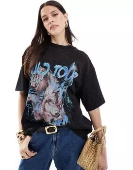 ASOS DESIGN – футболка оверсайз цвета «стиранный графит» с изображением камня и волком
