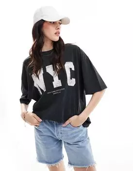 ASOS DESIGN — футболка оверсайз с надписью «NYC» антрацитового цвета с эффектом потертости
