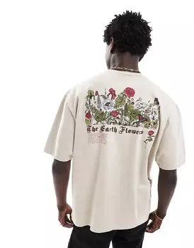ASOS DESIGN Футболка оверсайз стираного бежевого цвета с цветочным принтом на спине, плотность 220 г/м2