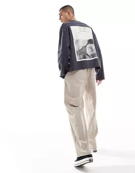 ASOS DESIGN – футболка свободного кроя цвета хаки с длинными рукавами и фотопринтом плотностью 220 г/м