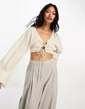 ASOS DESIGN – Голубой топ с рюшами, длинными рукавами и шнуровкой