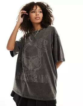 ASOS DESIGN — графитовая футболка оверсайз с принтом «каменный череп», стразами и эффектом потертости