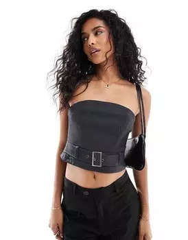 ASOS DESIGN – Графитовый приталенный топ с воротником-бандо и декоративным поясом