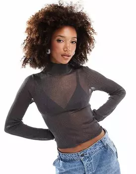 ASOS DESIGN – Графитовый топ с воротником из прозрачной ткани