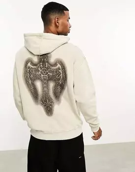 ASOS DESIGN – Худи оверсайз стираного бежевого цвета с принтом на спине с эффектом гранж
