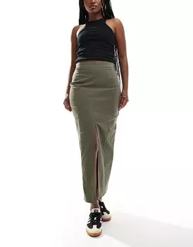 ASOS DESIGN – Юбка-миди цвета хаки с тремя юбками и разрезом спереди