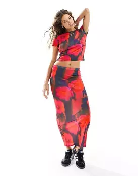 ASOS DESIGN – Юбка миди из сетки с размытым цветочным принтом красного цвета