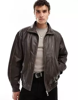 ASOS DESIGN – качественная куртка Харрингтон из коричневой натуральной кожи с воротником-стойкой