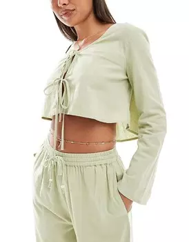 ASOS DESIGN – Kayla – Миксуйте и сочетайте – Пляжный топ цвета хаки с завязкой спереди и длинными рукавами
