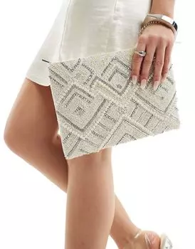 ASOS DESIGN — Клатч белого цвета со стразами и бисером на молнии сверху