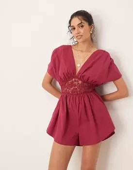 ASOS DESIGN комбинезон с V-образным вырезом и кружевной талией в бордовом цвете