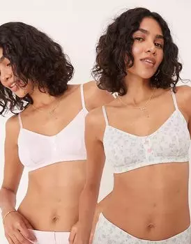 ASOS DESIGN, комплект из 2 бюстгальтеров-бралетт с контрастной строчкой, мелким принтом и розовыми ажурными узорами