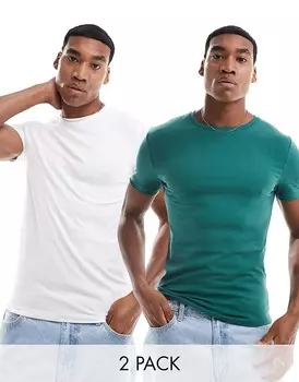 ASOS DESIGN Комплект из 2 футболок облегающего фигуру темно-зеленого и белого цветов