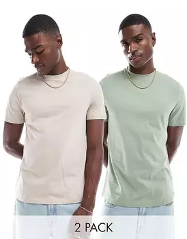 ASOS DESIGN — комплект из 2 футболок с круглым вырезом серо-бежевого и светло-зеленого цветов