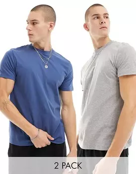 ASOS DESIGN — комплект из 2 футболок синего и серого меланжевого цвета с круглым вырезом и короткими рукавами