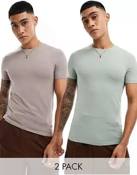 ASOS DESIGN — комплект из 2 облегающих футболок коричневого и светло-зеленого цветов