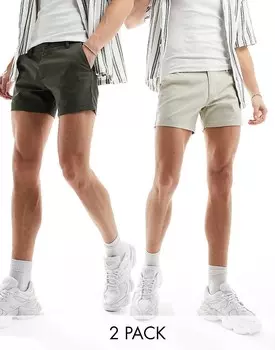 ASOS DESIGN – Комплект из 2 пар зауженных шорт-чинос цвета хаки и каменно-бежевого цвета – в комплекте дешевле!