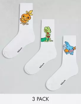 ASOS DESIGN – комплект из 3 пар белых носков с мотивами покемонов
